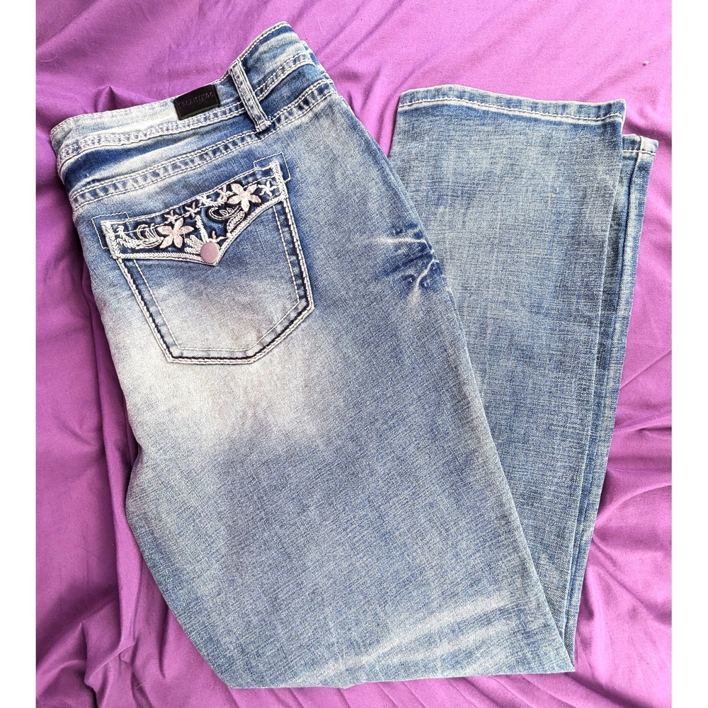 Flamingo Embroidered Blue Jeans 2XL Contrast Stitching Whisker Honeycomb Fade